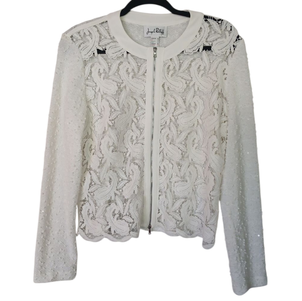 Joseph Ribkoff Ivory Paisley Lace Textured Jacket With Sequins Size 12